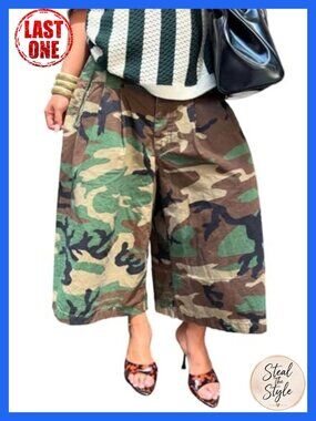 Women's Camo Wide Leg Cargo Capri Jeans Y2K High Waisted Harem Denim Pants